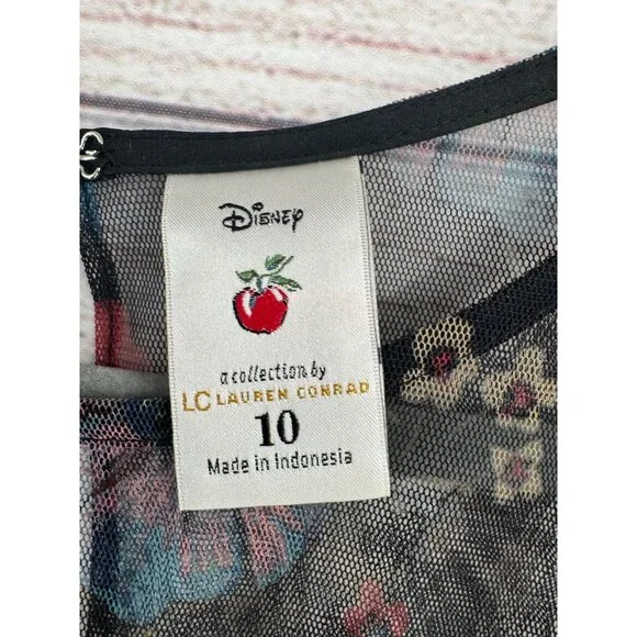 Disney Lauren Conrad Floral Semi Sheer Lined‎ Dress Women's 10 Black/Blue/Red - Picture 9 of 13